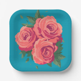 Plato De Papel Rosas rosadas fiestas de San Valentín en verde azu