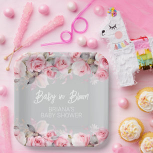 Plato De Papel Rosas rosadas floral gris shower de bebe niña