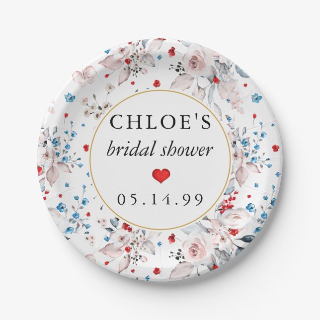 Plato De Papel Rosas rosadas Flores azules Duche de novia (Anverso)