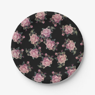 Plato De Papel Rosas Rosadas Patrón Floral Oscuro Fiesta Shabby C