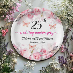 Plato De Papel Rosas Rosadas por 25 Aniversario de Bodas de Plata