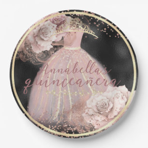 Plato De Papel Rosas rosadas sonrojadas en Quinceañera negra y do