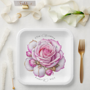 Plato De Papel Rosas rosadas y diamantes brillantes por el 80 cum