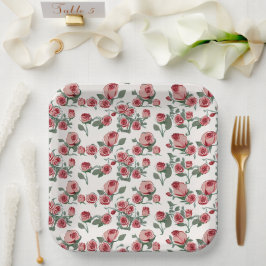 Plato De Papel Rosas rosadas y patrón de hojas