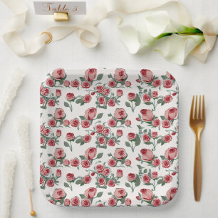 Plato De Papel Rosas rosadas y patrón de hojas