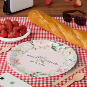Plato De Papel Rosas rosas rosadas pasteles acuarela