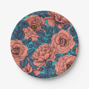 Plato De Papel Rosas rosas rosas con hojas azules en azul