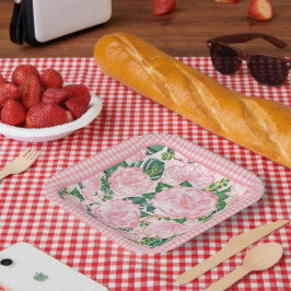 Plato De Papel Rosas rosas rosas y Monstera elegante Fiesta de ve