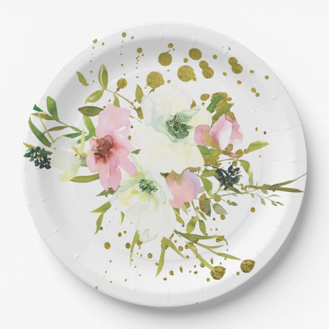 Plato De Papel rosas Rubor y blancas con salpicaduras de oro (Anverso)