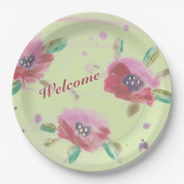 Plato De Papel Rosas salvajes de color rosa con verde menta