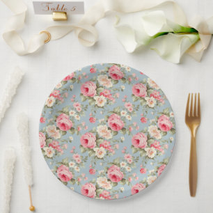 Plato De Papel Rosas Shabby Chic Pink y Blue Cottage