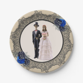 Plato De Papel Rosas Skeleton Bride y Groom Black Lace Blue