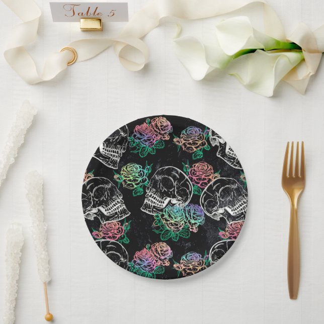 Plato De Papel Rosas Skulls y Chalk | Gótica Glam Funky Grunge (Boda)
