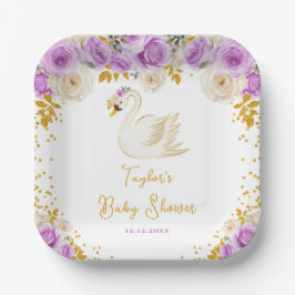 Plato De Papel Rosas Swan Purple y Gold Baby Shower