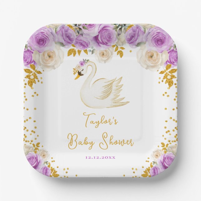 Plato De Papel Rosas Swan Purple y Gold Baby Shower (Anverso)
