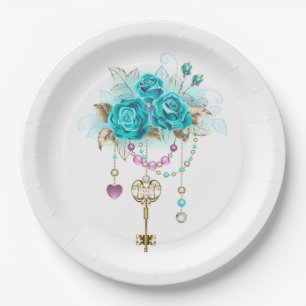 Plato De Papel Rosas turquesas con llaves