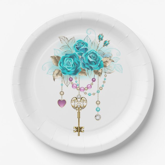 Plato De Papel Rosas turquesas con llaves (Anverso)