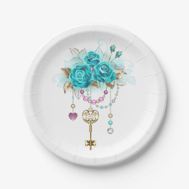 Plato De Papel Rosas turquesas con llaves (Anverso)