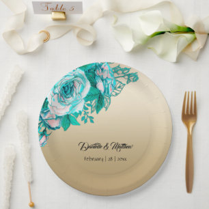 Plato De Papel Rosas turquesas sobre boda de oro