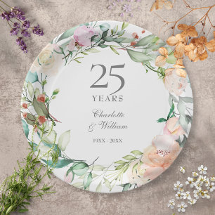Plato De Papel Rosas vegetación floral del 25º aniversario de bod