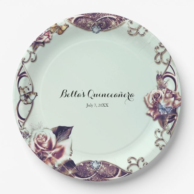 Plato De Papel Rosas y mariposas bronce brillo fiesta (Anverso)