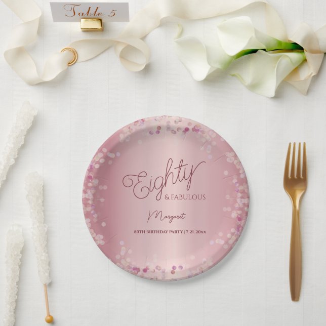 Plato De Papel Rose Gold 80th Birthday Party Paper Plate (Boda)