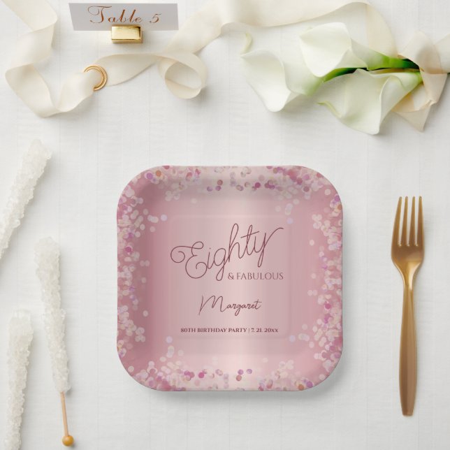 Plato De Papel Rose Gold 80th Birthday Party Paper Plate (Boda)