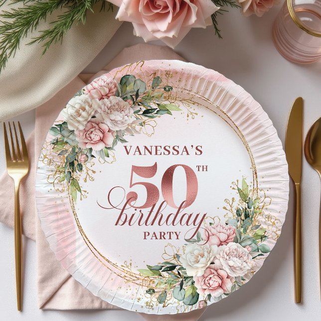 Plato De Papel Rose Gold Blush Floral 50th Birthday Paper Plates (Rose Gold Blush Floral 50th Birthday Paper Plates)