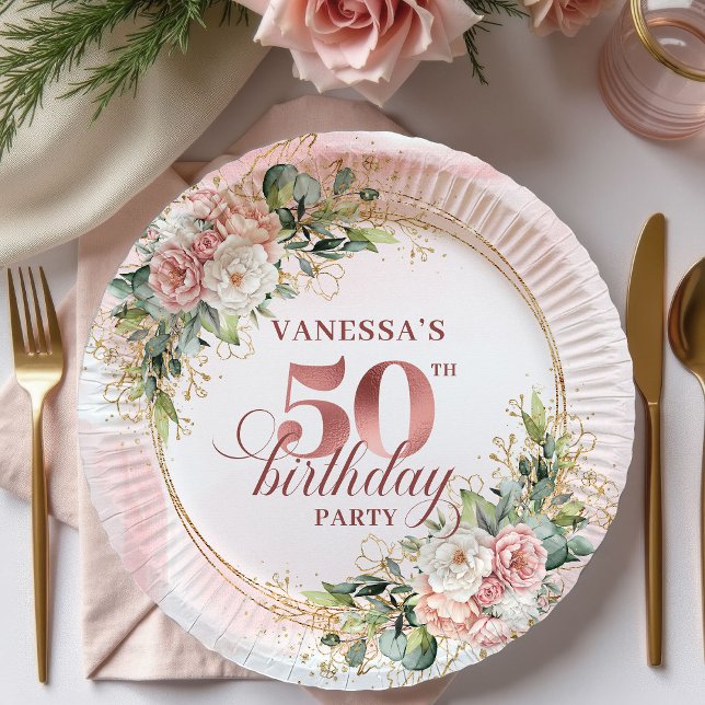 Plato De Papel Rose Gold Blush Floral 50th Birthday Paper Plates (Complete your milestone celebration with these elegant 50th birthday paper plates designed with soft)