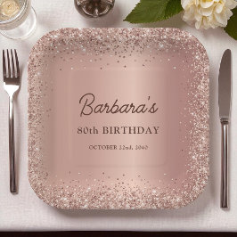 Plato De Papel Rose Gold Foil Glitter 80th Birthday Name