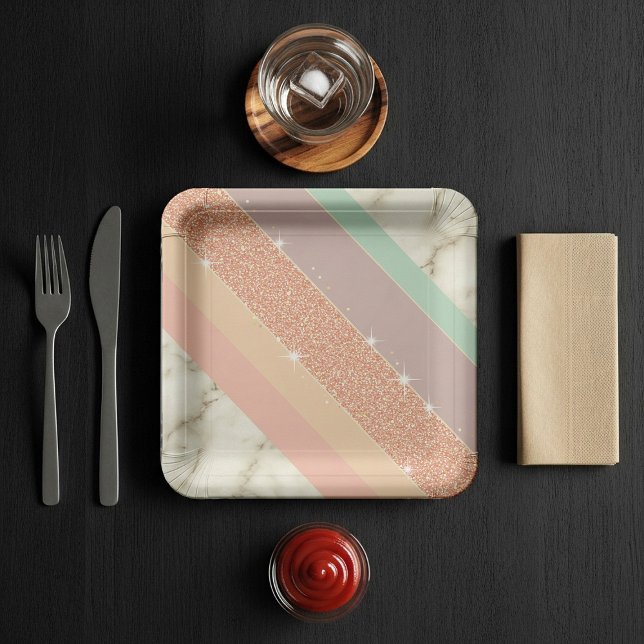 Plato De Papel Rose Gold Glitter Pastel Marble Diagonal Stripes (Subido por el creador)