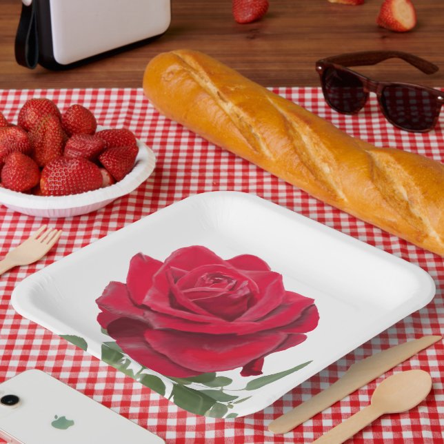 Plato De Papel Rose rouge - peinte à la main (Picnic)