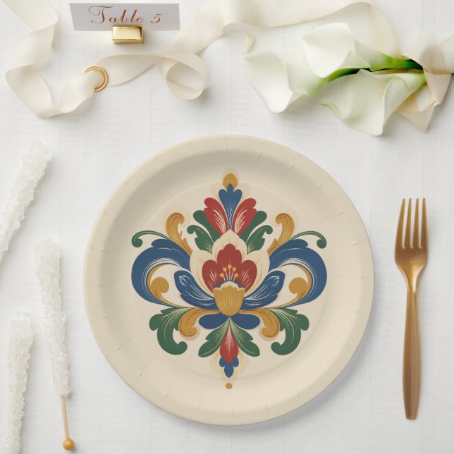 Plato De Papel Rosemaling noruego (Boda)