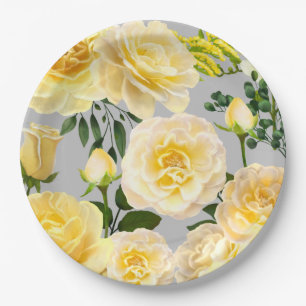 Plato De Papel Roses amarillos cremosos Floral vintage en gris