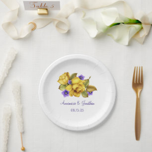 Plato De Papel Roses Amarillos Violeta Púrpura Monograma Placa de
