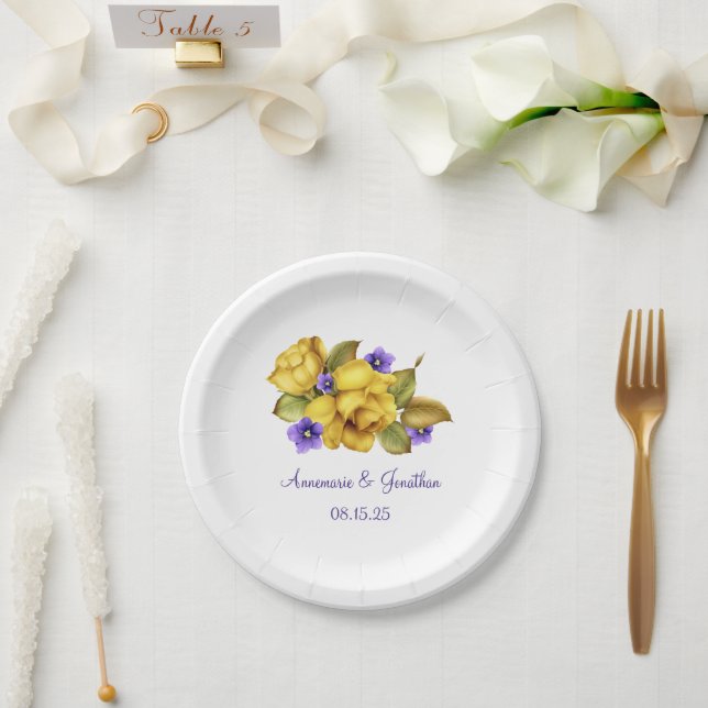 Plato De Papel Roses Amarillos Violeta Púrpura Monograma Placa de (Boda)