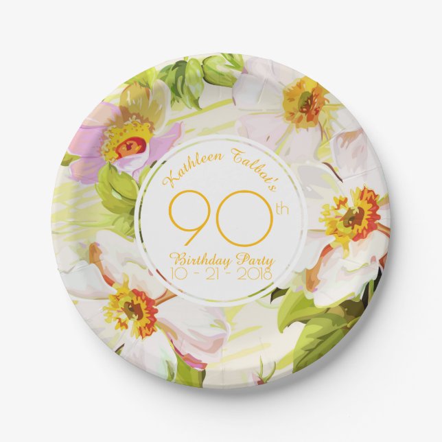 Plato De Papel Roses Peonies 90th Birthday Party Paper Plate (Anverso)