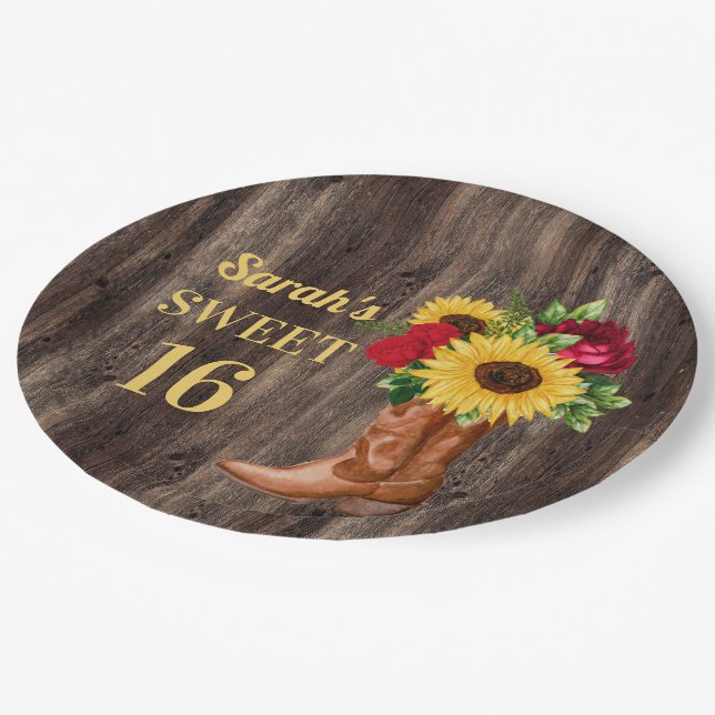 Plato De Papel Roses Rojas girasoles Cowboy Boots Sweet 16 (Angular)