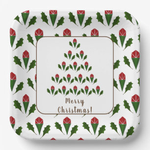 Plato De Papel Roses rojas vibrantes, árbol navideño holly y dese
