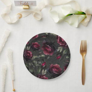 Plato De Papel Roses rojos burdeos Boda floral gris oscuro