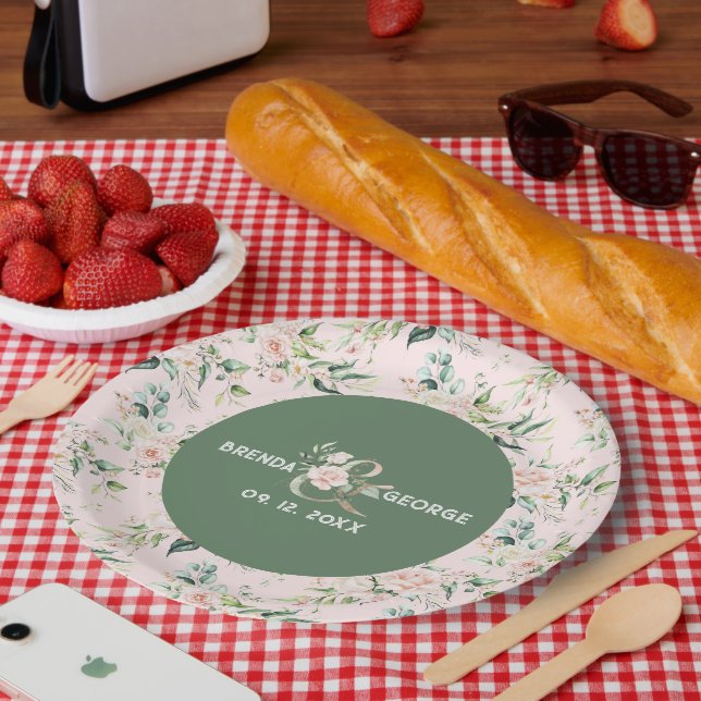 Plato De Papel Roses rosadas pasteles acuarelas sin inconveniente (Picnic)