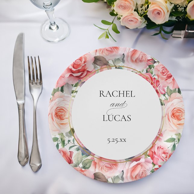 Plato De Papel Roses rosados de color acuático romántico (Subido por el creador)