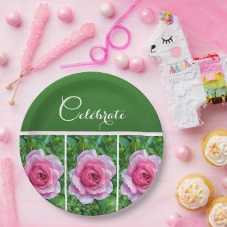 Plato De Papel Roses rosados en una fila - Placa de papel