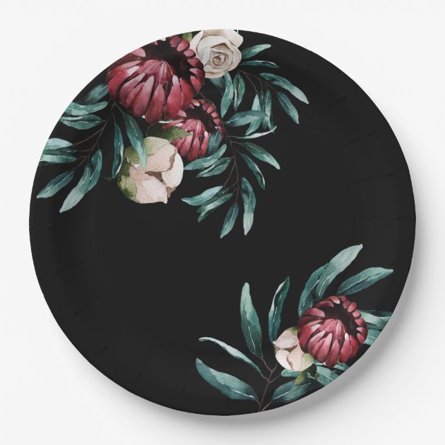 Plato De Papel Roses Roses Roses Negro Fondo Elegante Script (Anverso)