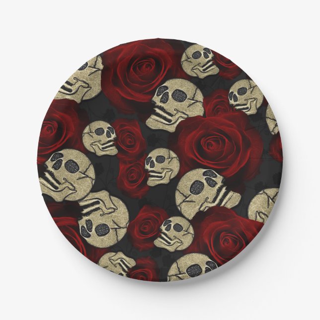 Plato De Papel Roses y cráneos rojos Gris Floral Negra Gótica (Anverso)