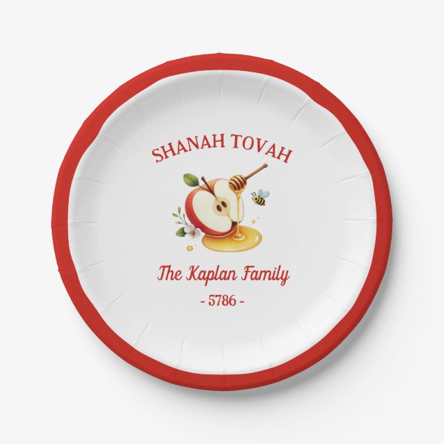 Plato De Papel Rosh Hashanah Shanah Tovah Apple Honey Family (Anverso)
