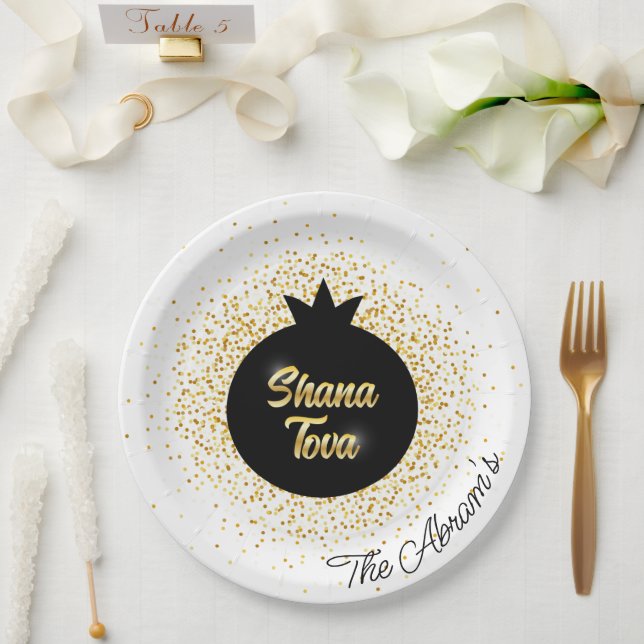 Plato De Papel Rosh Hashanah White Black-Gold Sparkly Pomegranate (Boda)
