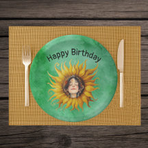 Rostro de niña de cumpleaños en girasol amarillo e