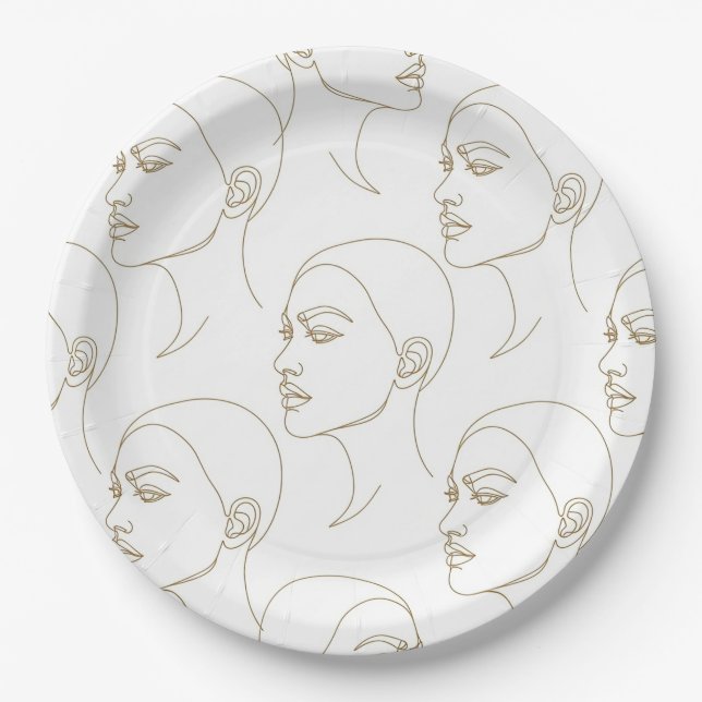 Plato De Papel Rostro Femenino Mínimo Patrón de Línea (1) (Anverso)
