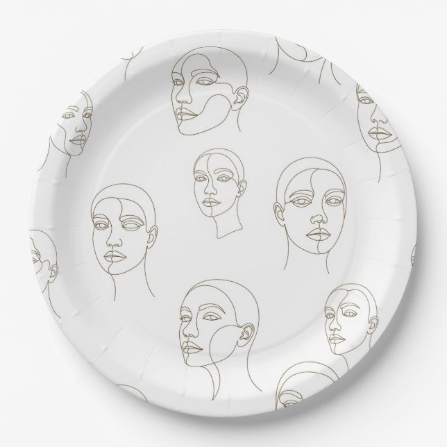 Plato De Papel Rostro Femenino Mínimo Patrón de Línea (3) (Anverso)